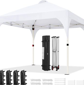 Yaheetech 10×10 Pop Up Canopy Tent with Vent, Easy Set Up Tent, Instant Sun Shelter Canopy with Wheeled Bag, 4 Sandbags, 12 Stakes & 4 Ropes, for Parties, Beach, Outdoor, White