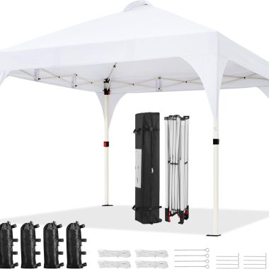 Yaheetech 10×10 Pop Up Canopy Tent with Vent, Easy Set Up Tent, Instant Sun Shelter Canopy with Wheeled Bag, 4 Sandbags, 12 Stakes & 4 Ropes, for Parties, Beach, Outdoor, White